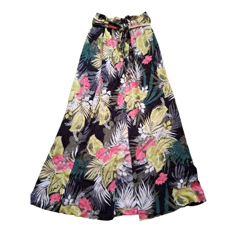 Womens Maxi Skirt Tropical Floral Print Black Green Pink Elastic Waist